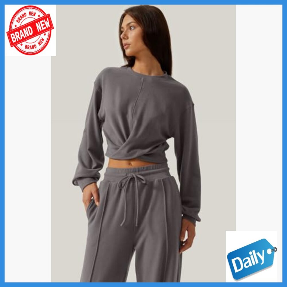 Large 2-Piece Tracksuit Set, Cropped Sweatshirt & Wide Leg Sweatpants, Athletic - Picture 5 of 7
